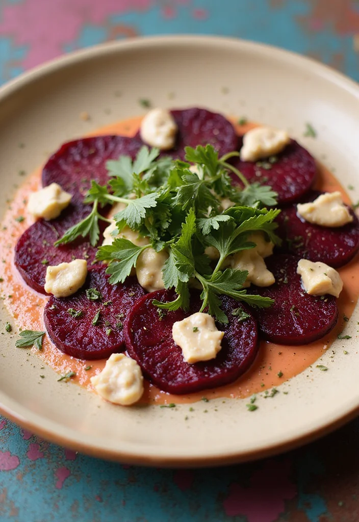 10 Elegant and Simple Gourmet Vegan Starters for Your Dinner Party - 1. Beetroot Carpaccio with Cashew Cream