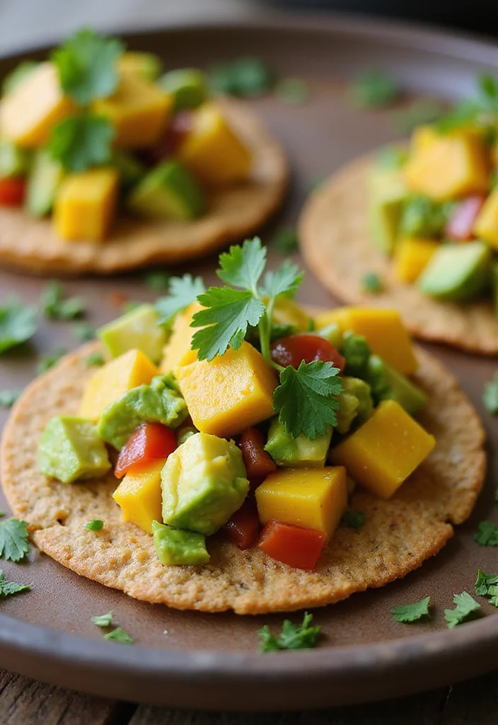 10 Elegant and Simple Gourmet Vegan Starters for Your Dinner Party - 2. Avocado and Mango Salsa on Crispy Tostadas