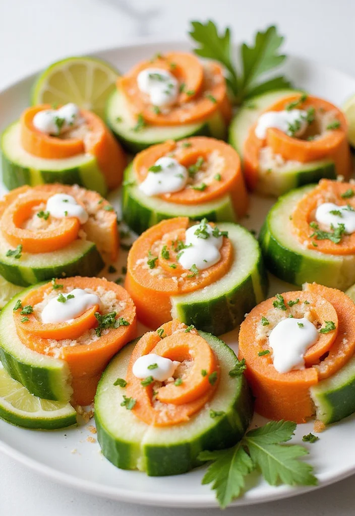 10 Elegant and Simple Gourmet Vegan Starters for Your Dinner Party - 7. Carrot and Cucumber Pinwheels with Creamy Dressing