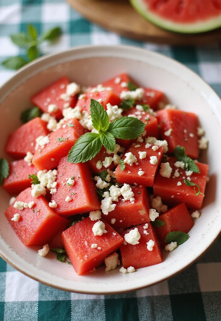 10 Watermelon Dessert Recipes Light and Refreshing - 5. Watermelon Salad with Feta and Mint